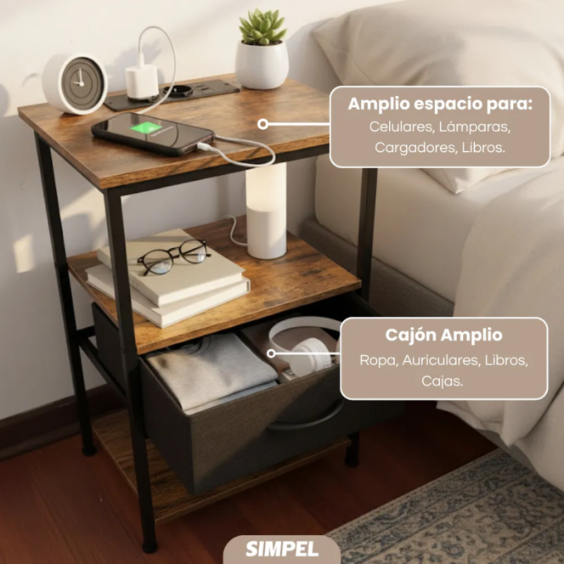 Velador Moderno Puerto Usb Tomacorrientes Simpel Mesa Noche Mate Caf-2