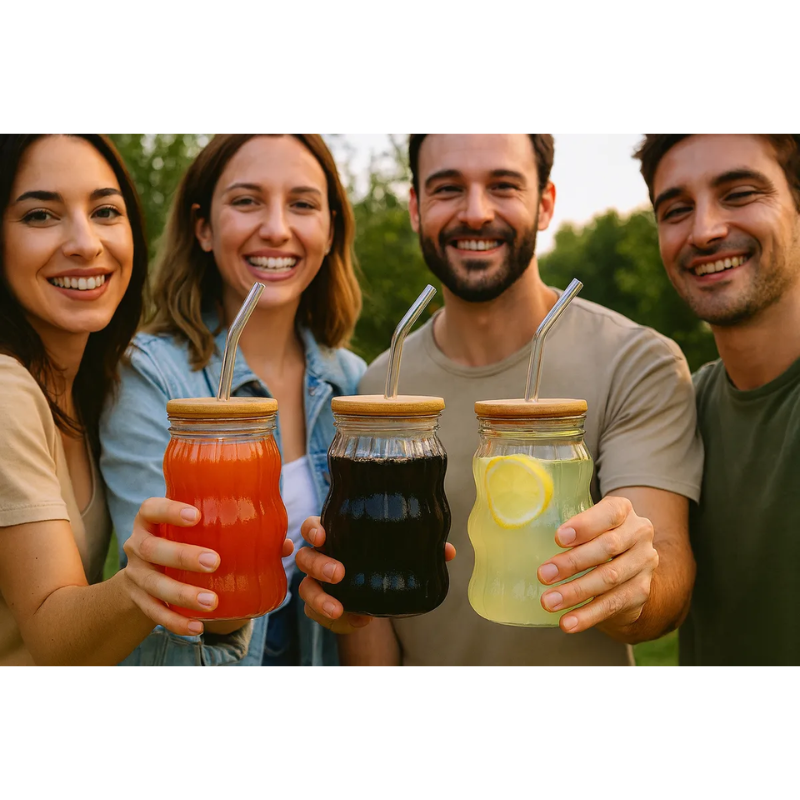 4 Vasos Creativos Con Posavasos Tapa Bamb Y Bombillas 530ml-2