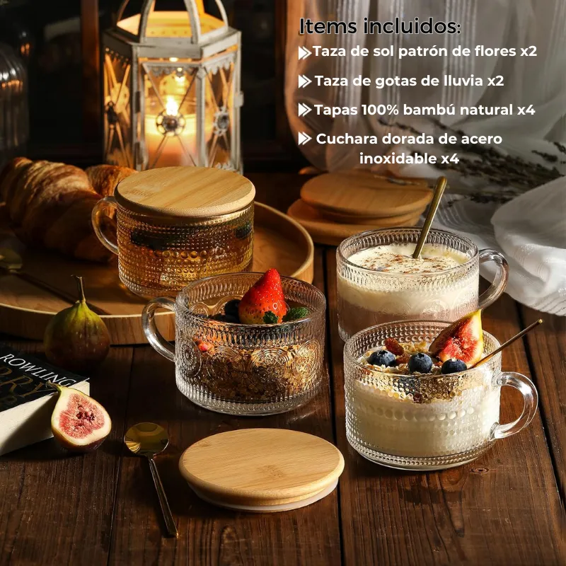 4 Tazas De Caf Vintage Tapa Bamb Y Cucharas 415ml Transparente Vintage-4