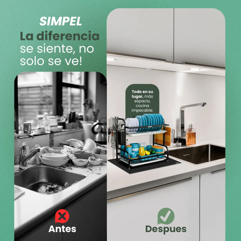 Secador De Platos 2 Niveles Con Tapete Simpel Loza Vajilla Negro-3