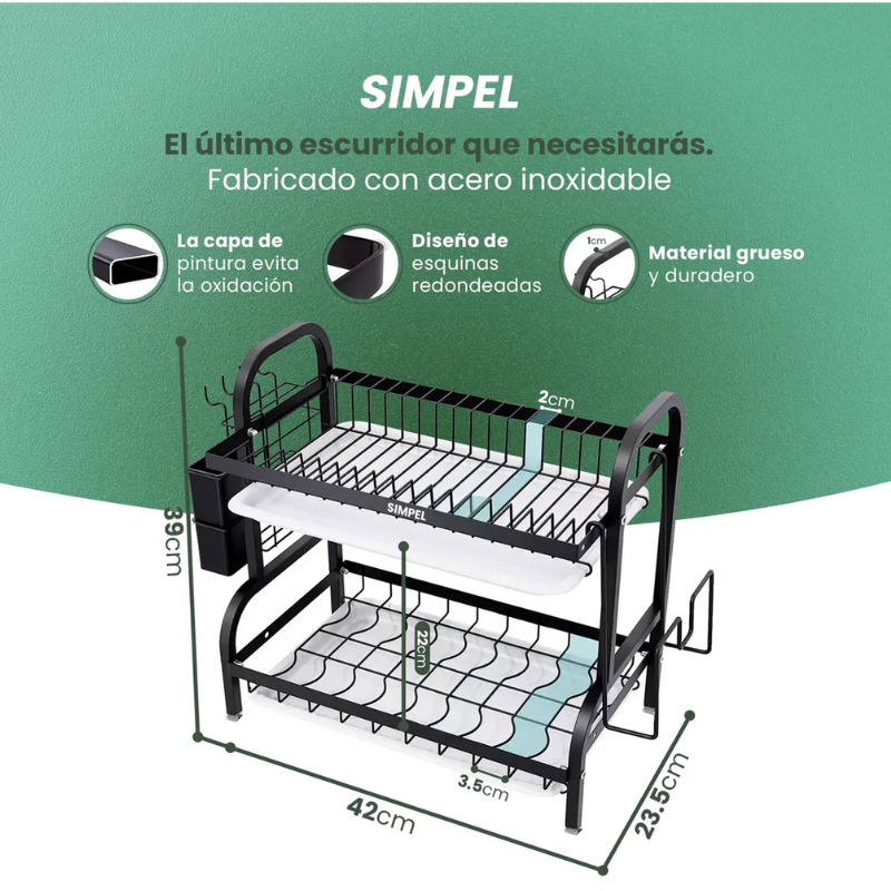 Secador De Platos 2 Niveles Con Tapete Simpel Loza Vajilla Negro-5