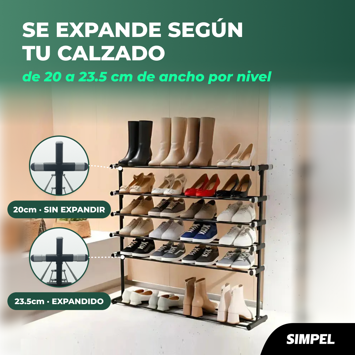 Zapatero Extensible de 6 Niveles Simple Altura Ajustable Negro-3
