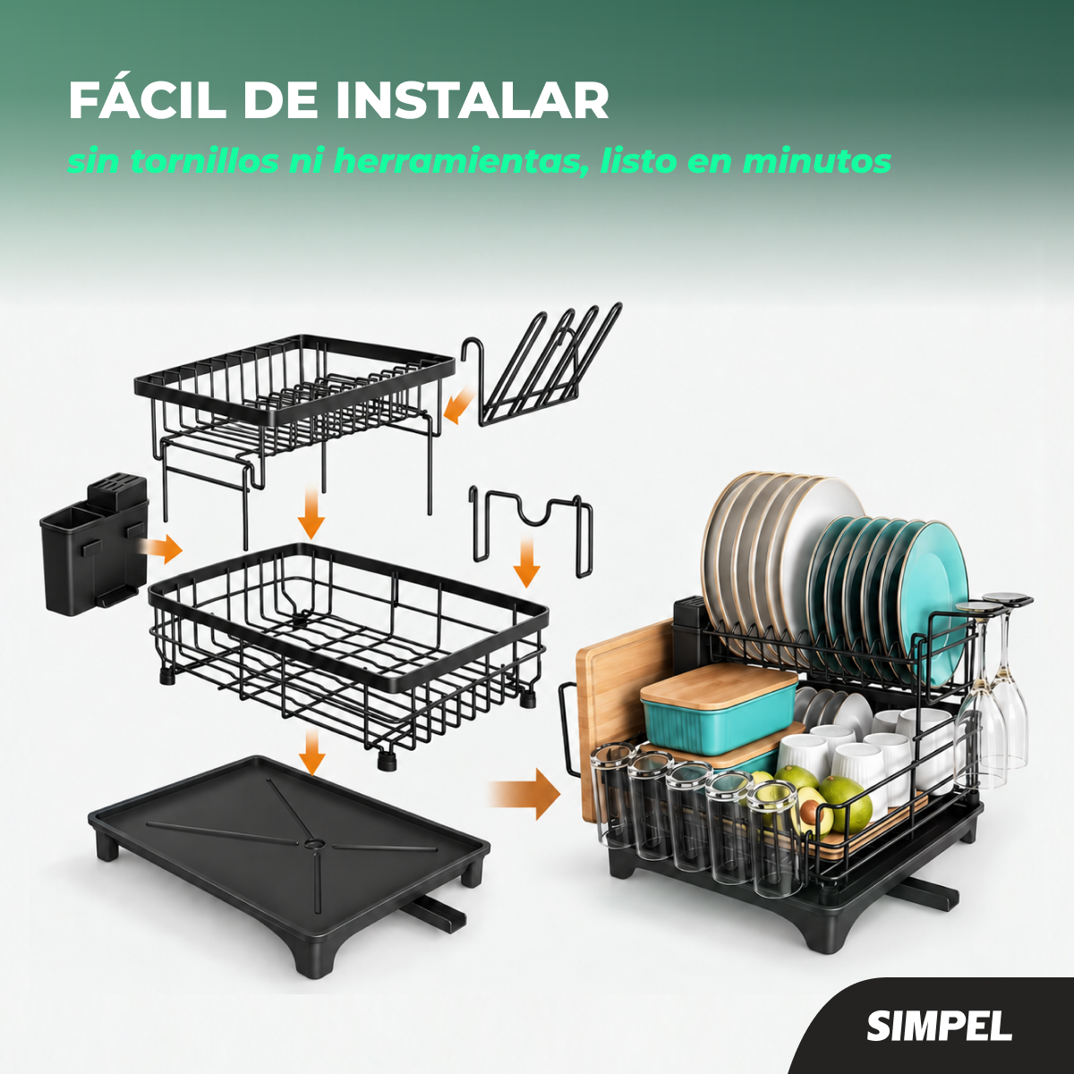 Secador Escurridor Platos 2 Niveles Desmontable Moderno Negro-3