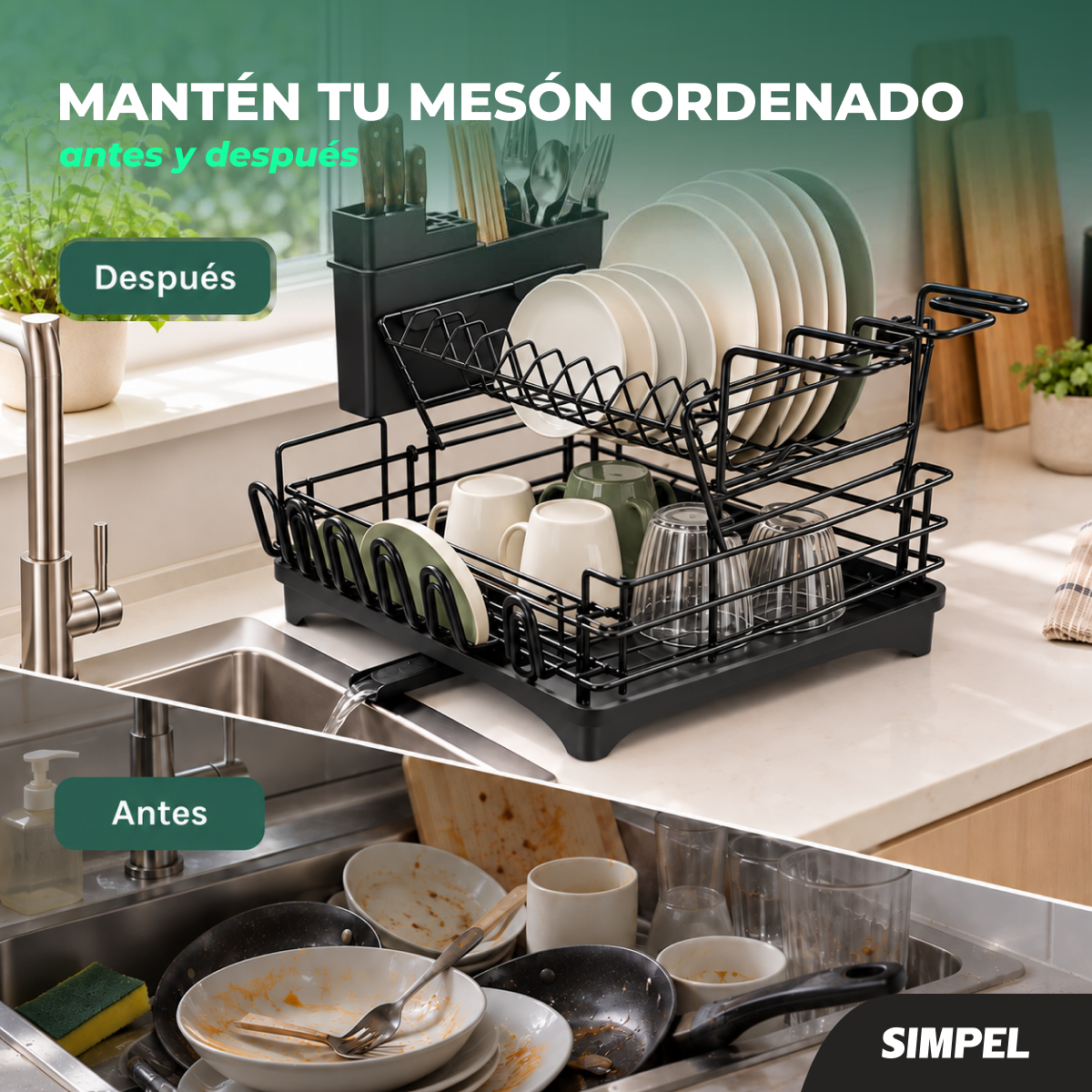Secador Escurridor Platos 2 Niveles Desmontable Moderno Negro-6