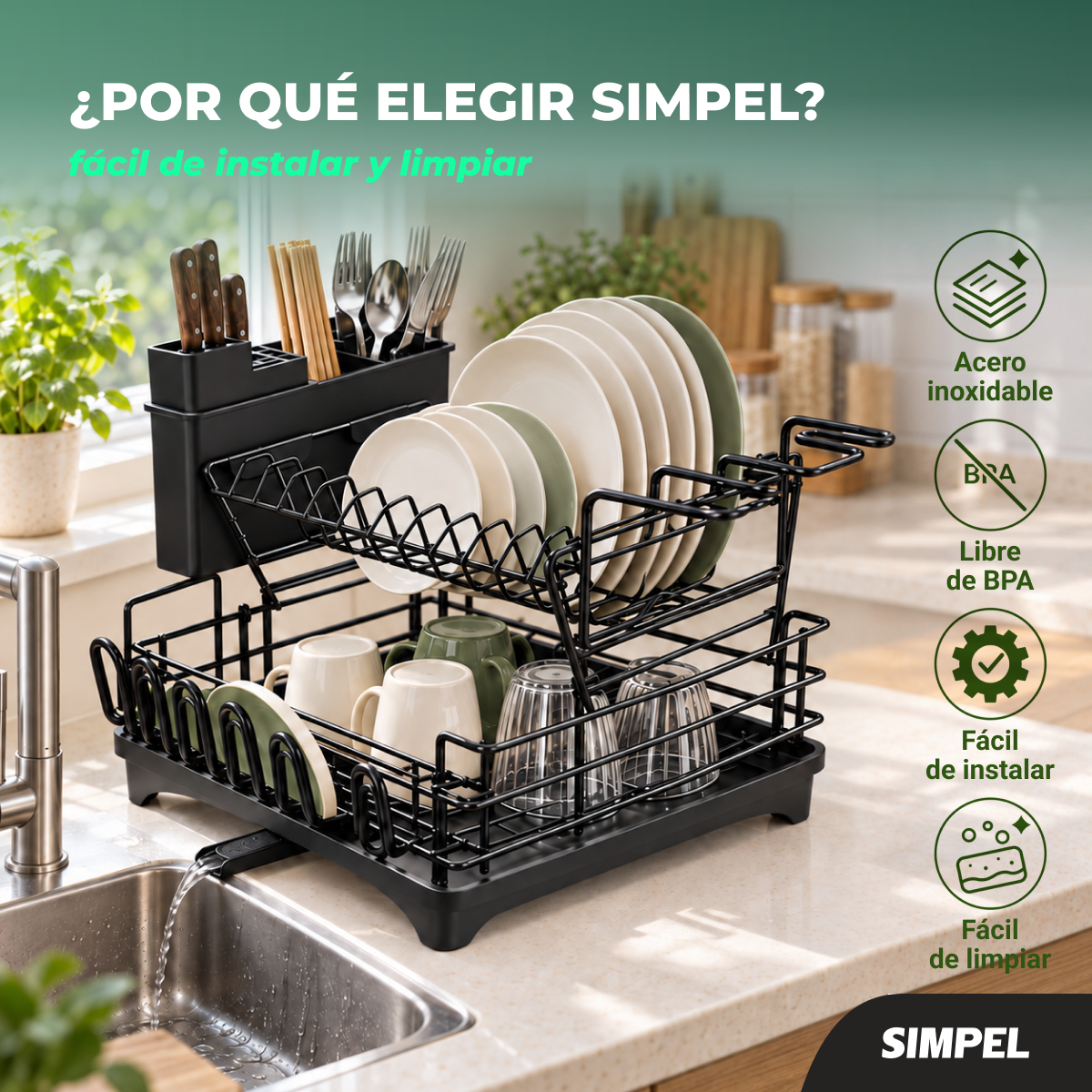 Secador Escurridor Platos 2 Niveles Desmontable Moderno Negro-8