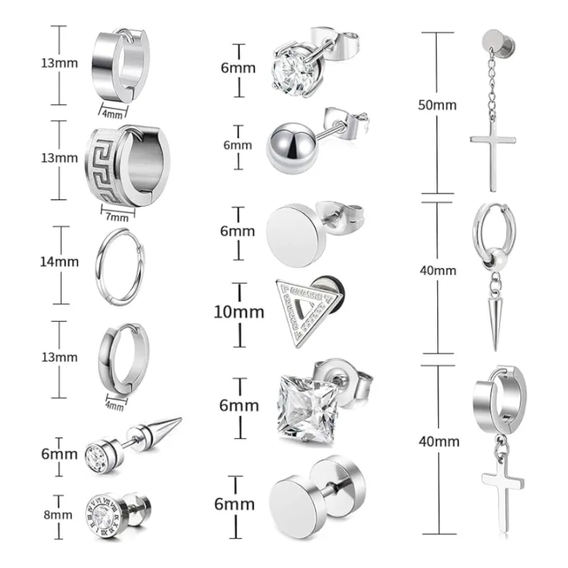 15 Pares Aros Aretes Pendientes Hombre Plata-2