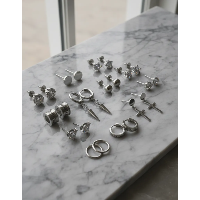 15 Pares Aros Aretes Pendientes Hombre Plata-3