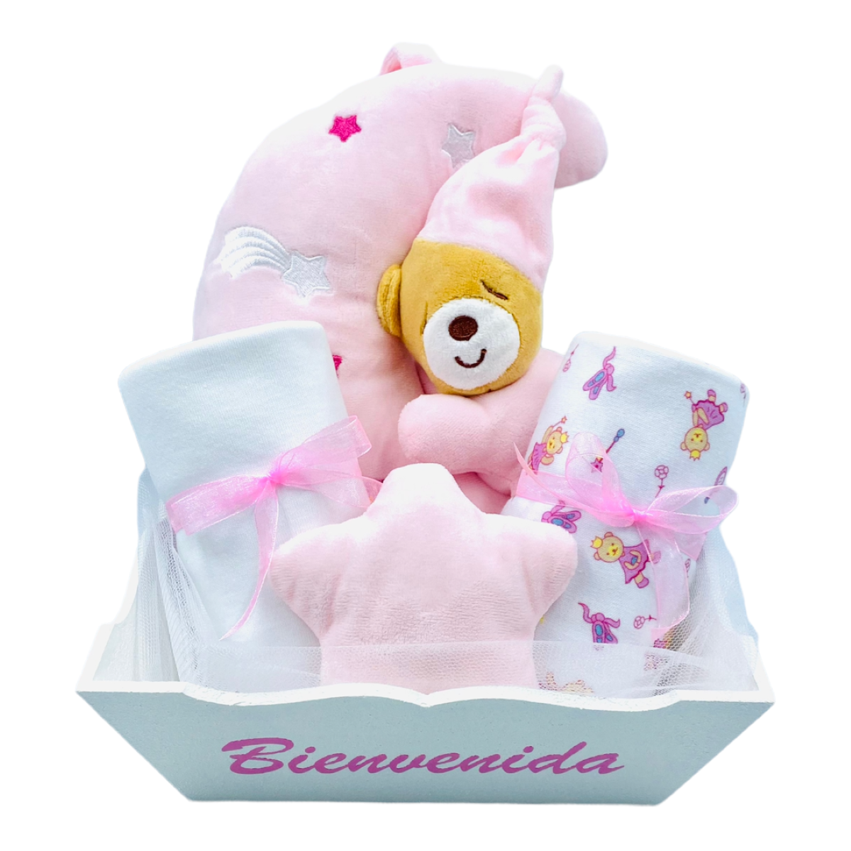 2 mantas 80*60, peluche musical, caja de madera bienvenida-0