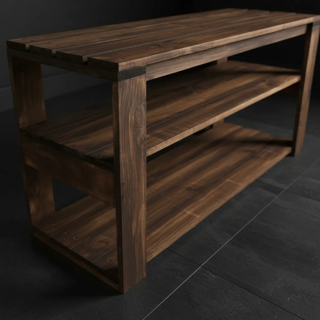 Banca Con Zapatero Rustico De Madera Nogal-2