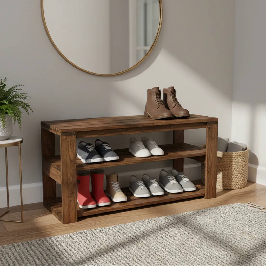 Banca Con Zapatero Rustico De Madera Nogal-3