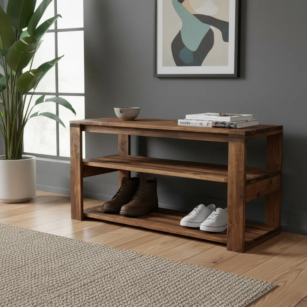 Banca Con Zapatero Rustico De Madera Nogal-4