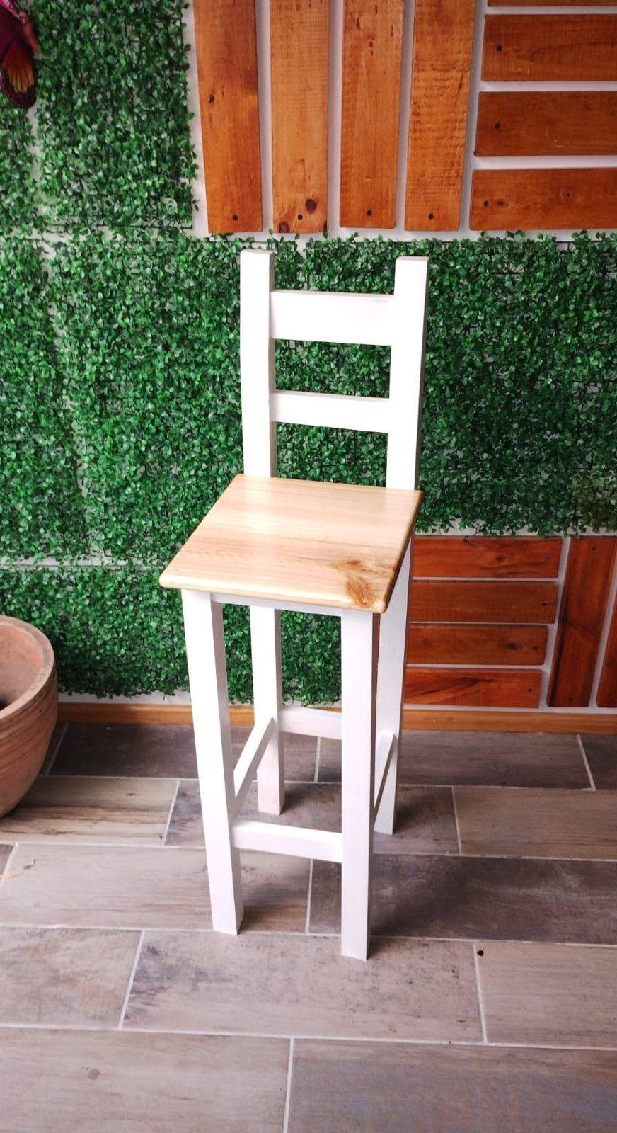 Taburete Banco Madera Blanco Con Respaldo Cubierta Cuadrada-2