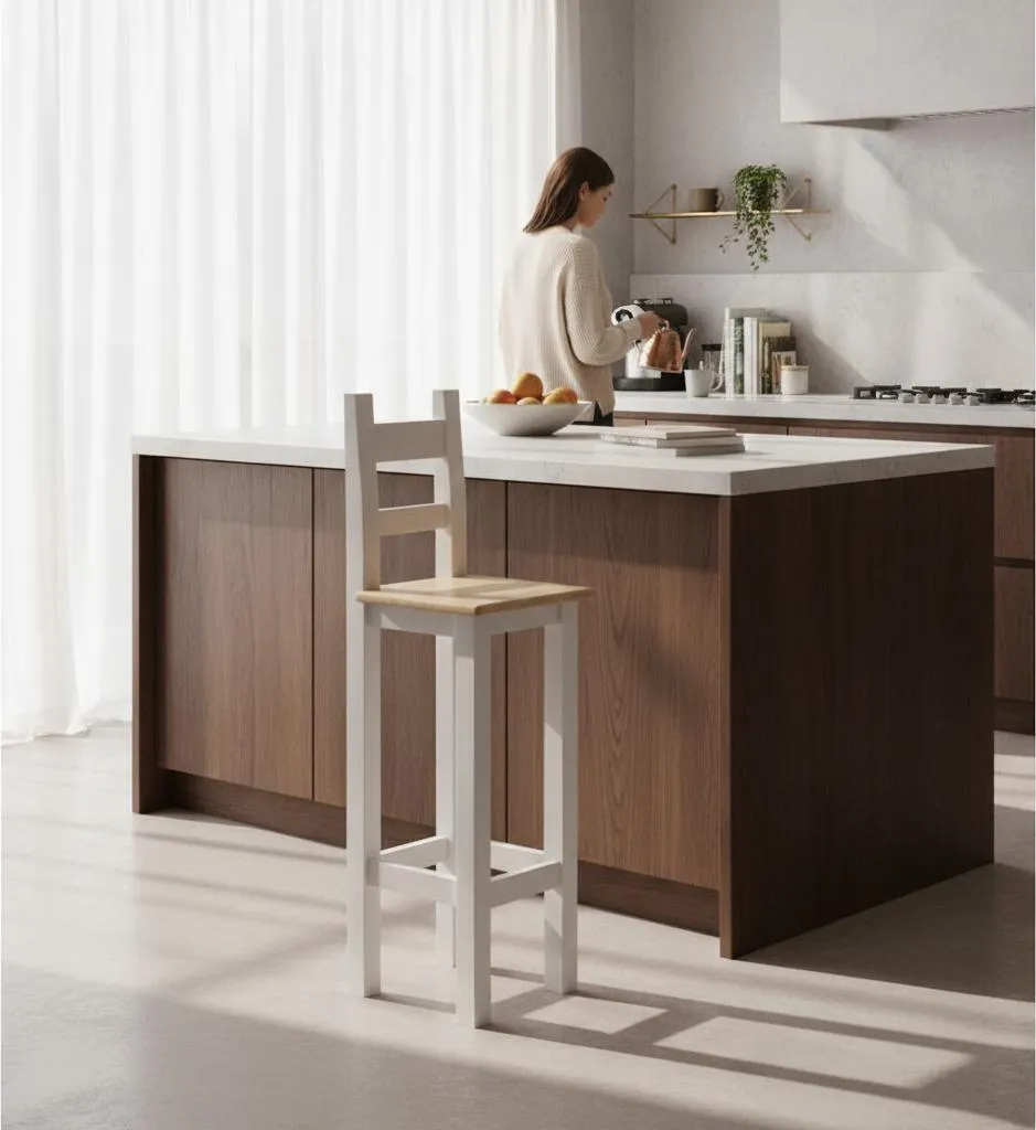 Taburete Banco Madera Blanco Con Respaldo Cubierta Cuadrada-2