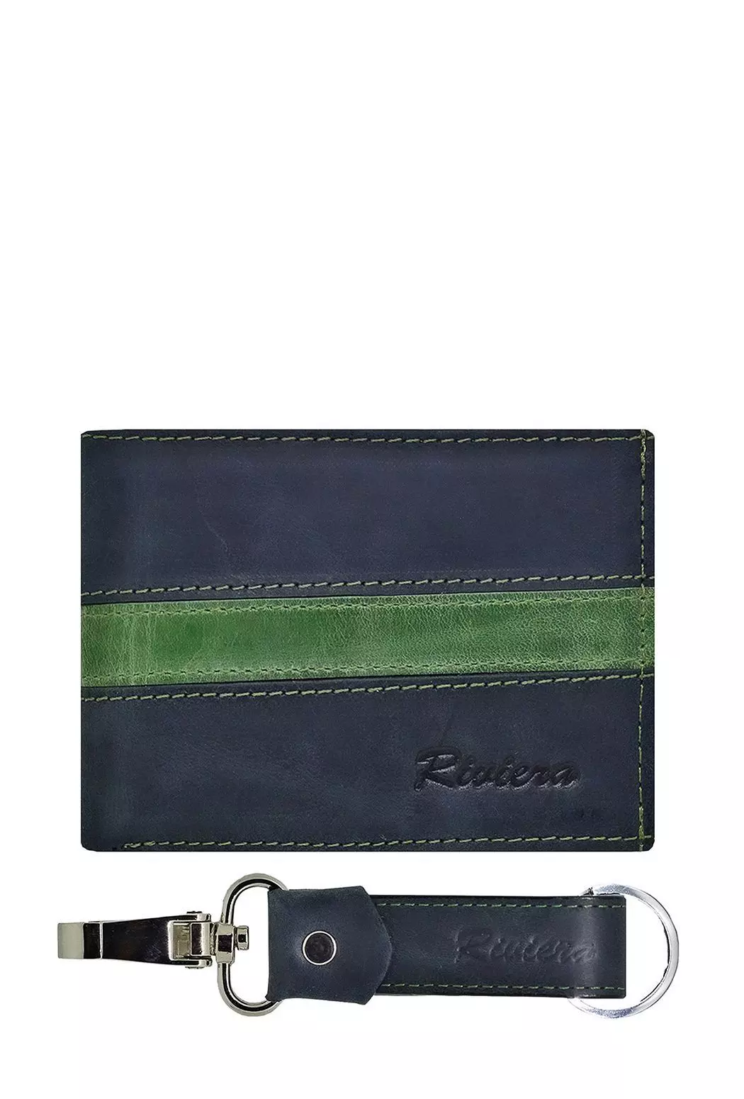 Pack Hombre  Billetera-Llavero, 100% Cuero Negro-Verde.-0