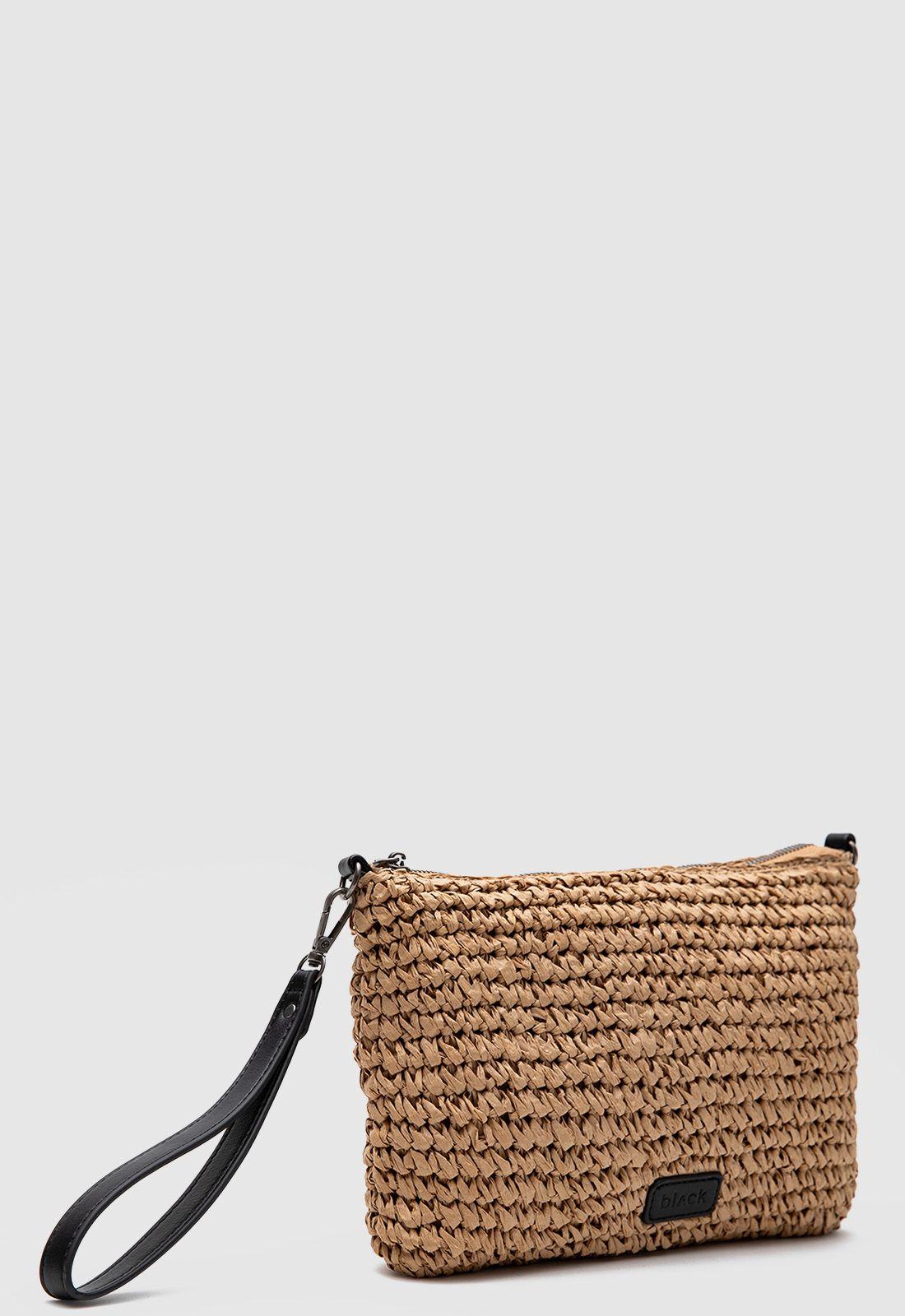 Cartera Clutch Raffia Camel Black Bubba-2