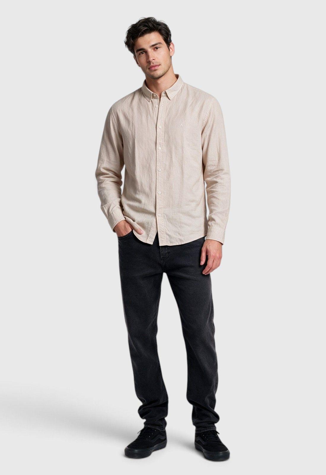 Camisa Lino Manga Larga Beige Black Bubba-2
