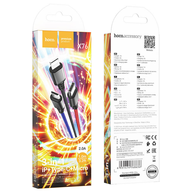 Cable USB a iP+Tipo C+Micro 2A HOCO X76 color-3