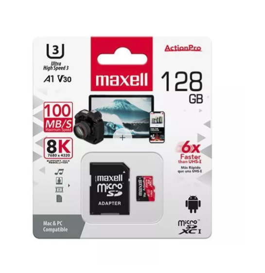 Tarjeta de memoria MicroSD 128GB  8k + Adaptador 100MB/s Maxell-3