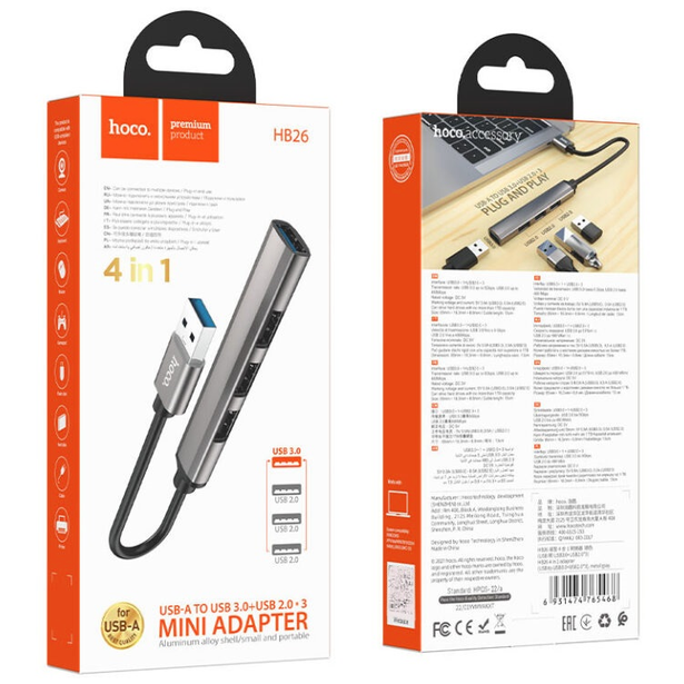 Adaptador Hub USB 3.0  a USB 4 en 1 Hoco HB26-4