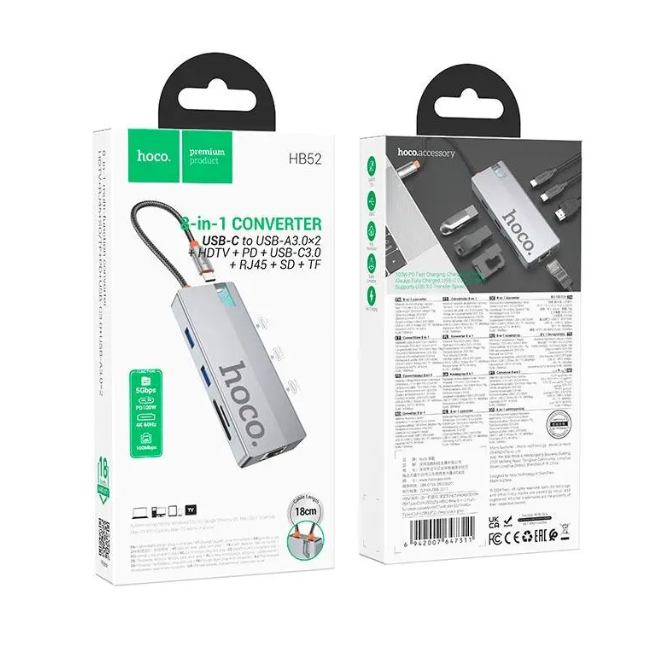 Hub convertidor  HB52 HDMI+ RJ45 + SD/TF + PD + Tipo-C 3.0 + USB 3.0-5