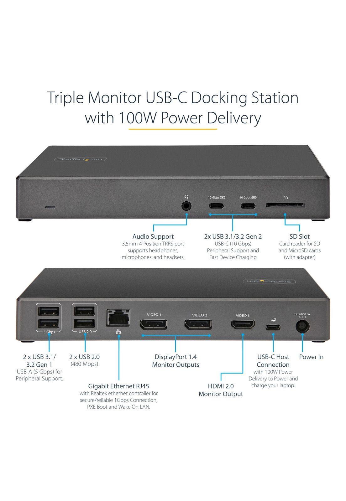 Docking Station StarTech USB-C Triple 4K Monitor 100W PD-4