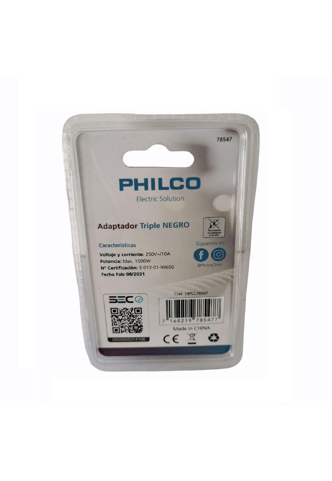 Enchufe Adaptador Triple Negro Philco PHILCO-1