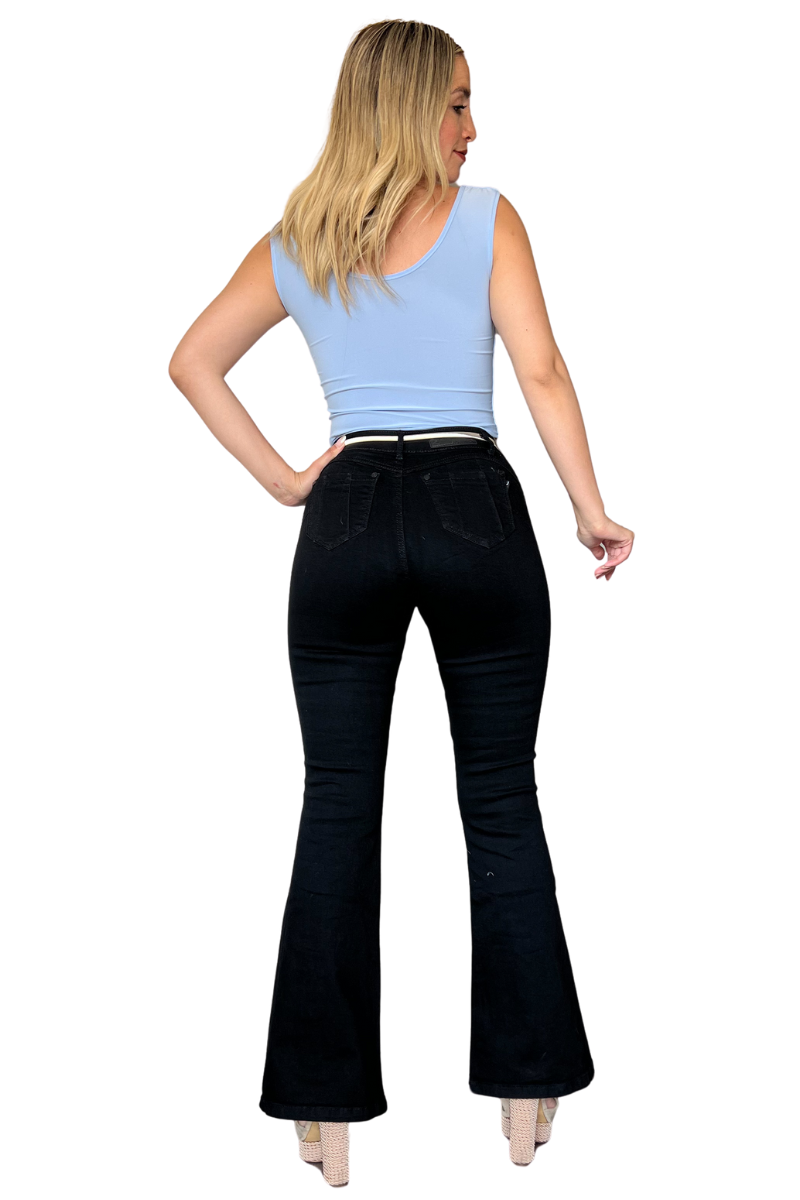 Pantalón jeans flare mujer tiro alto negro-3