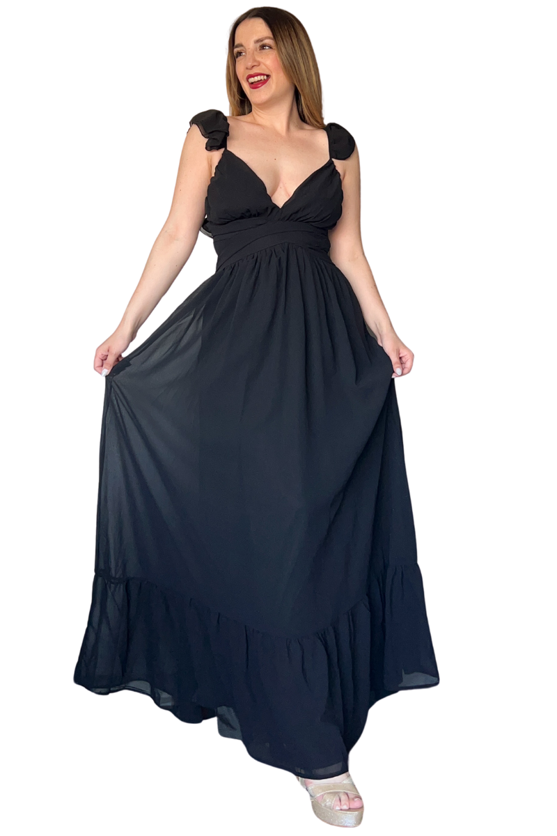 Vestido de fiesta largo escote V espalda cruzada y vuelitos-0