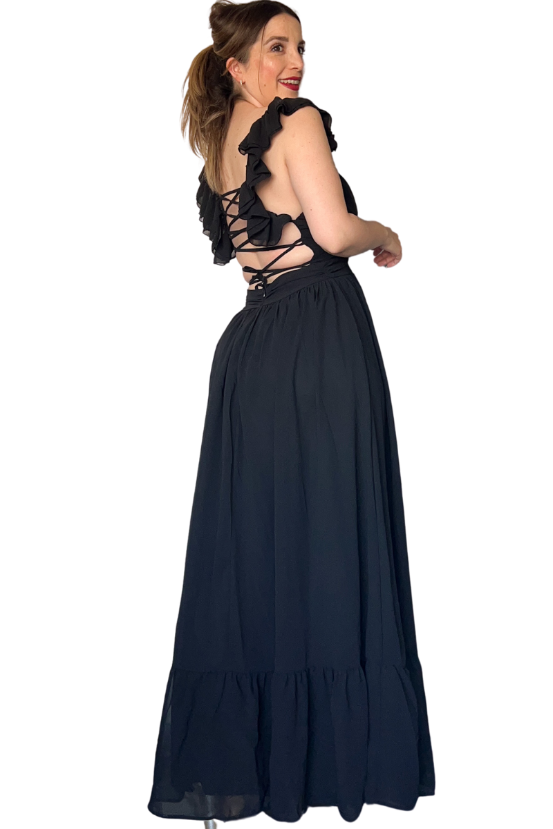 Vestido de fiesta largo escote V espalda cruzada y vuelitos-1