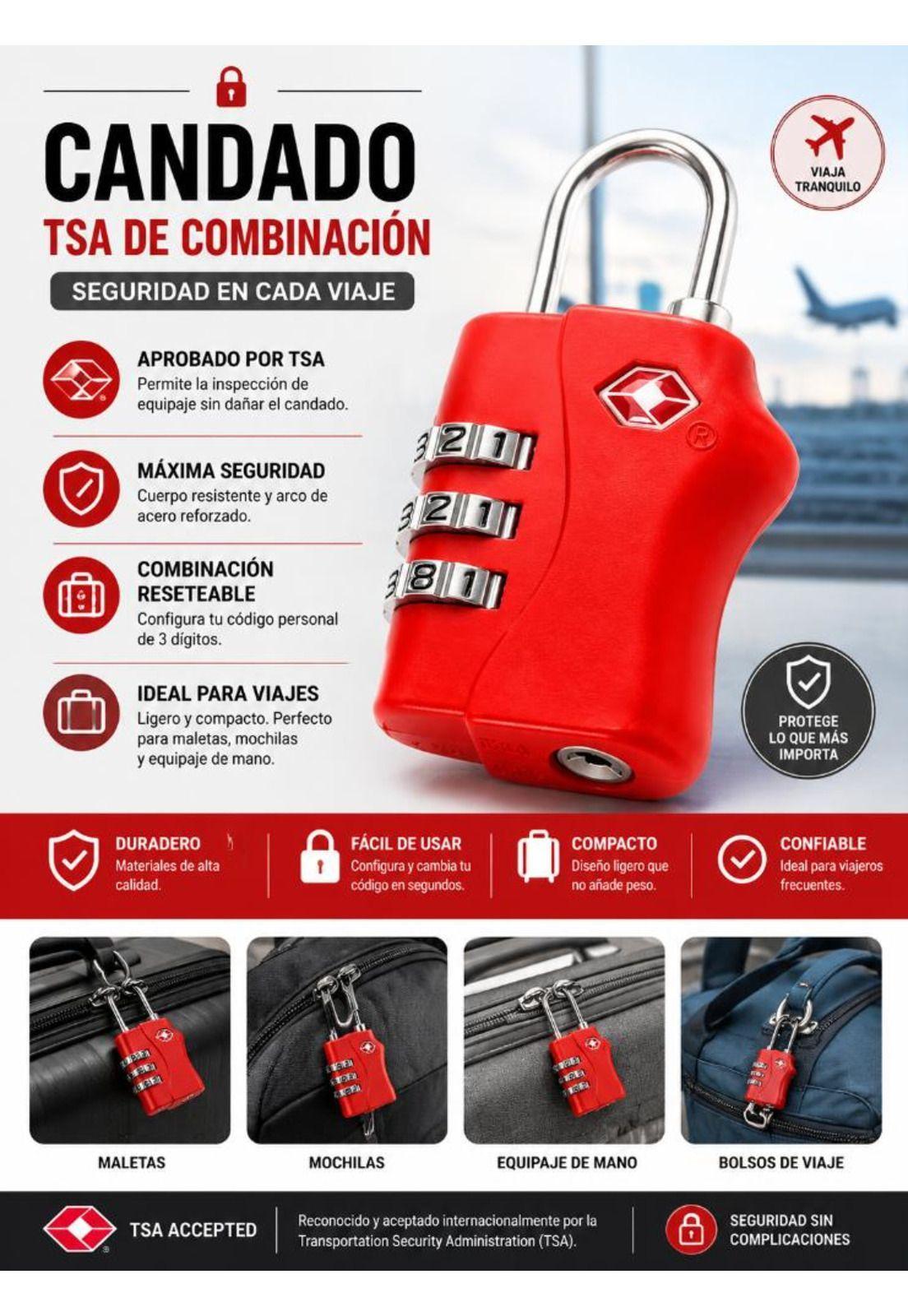 Candado Tsa 33mm Seguridad Maleta Locker  LLAVE Y CLAVE Rojo-4