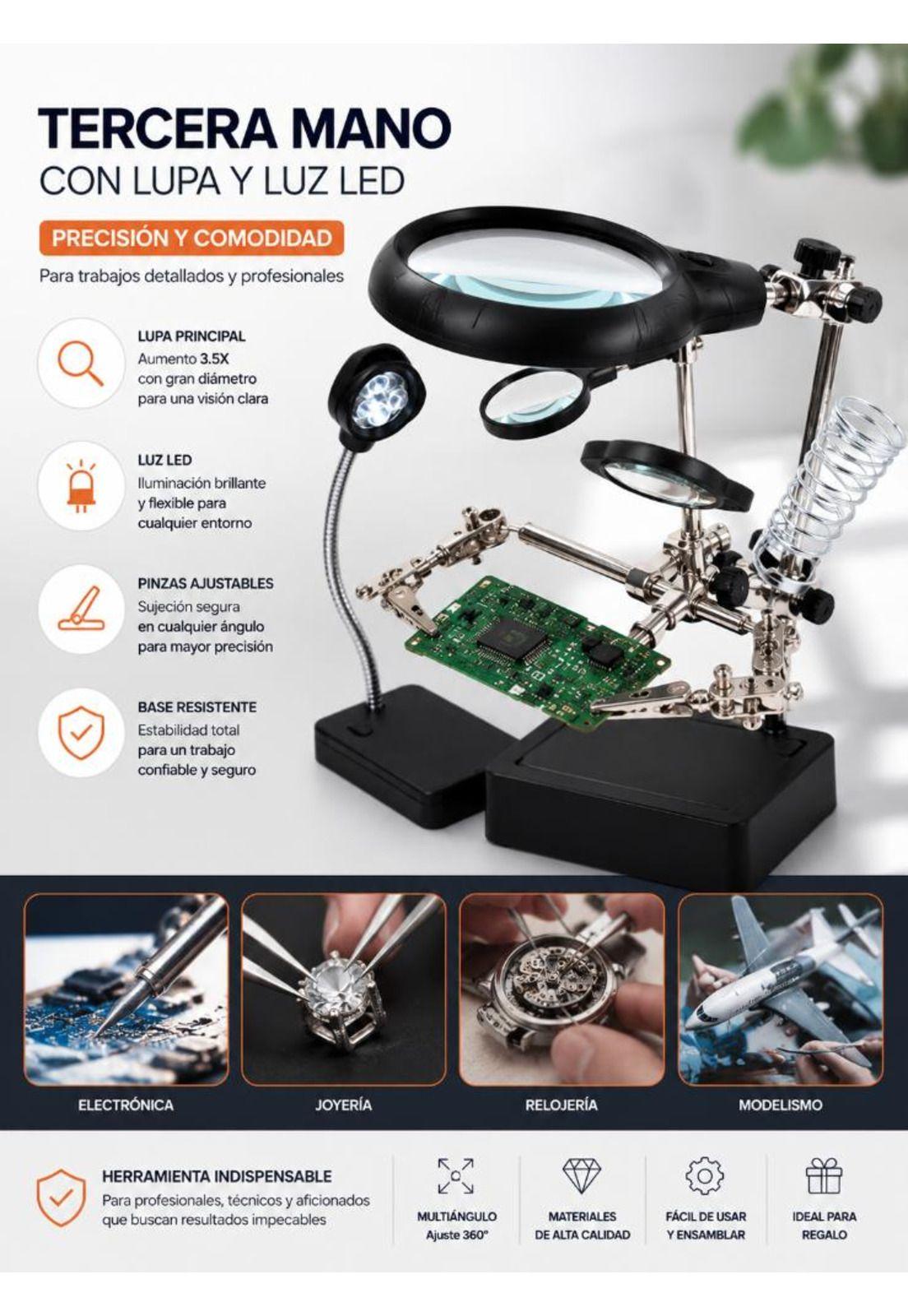 Lupa Brazo Escritorio Soporte Pinza Luz Led Tercera Mano-6