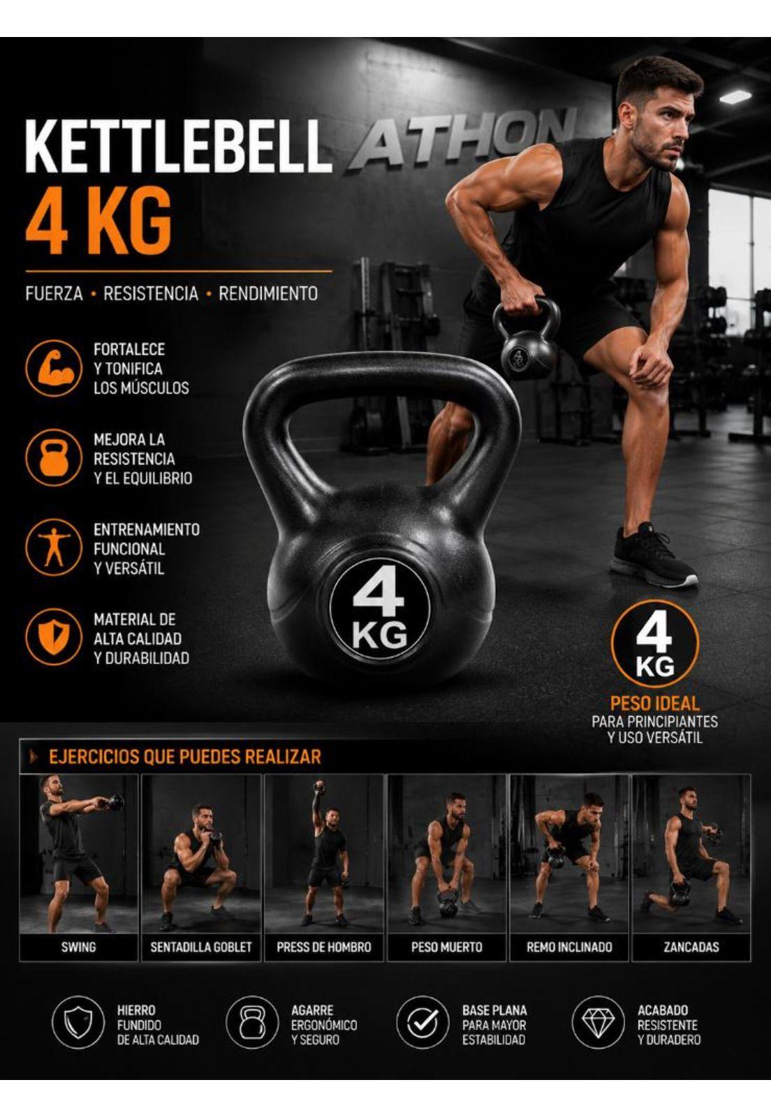 Pesa Rusa Kettlebell 4kg EntrenamientoCrossfit Fitness Negro-7