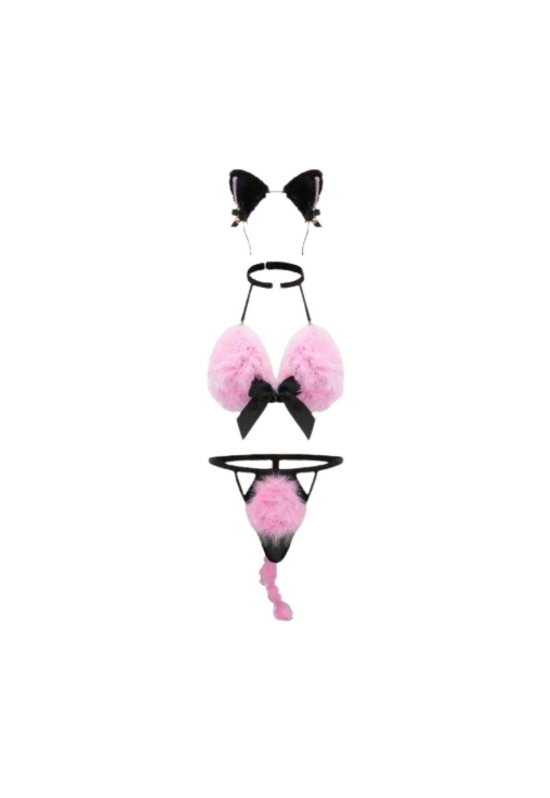 Lenceria Sexy Gatica Rosada Con Peluzas, Orejitas Y Collar-0