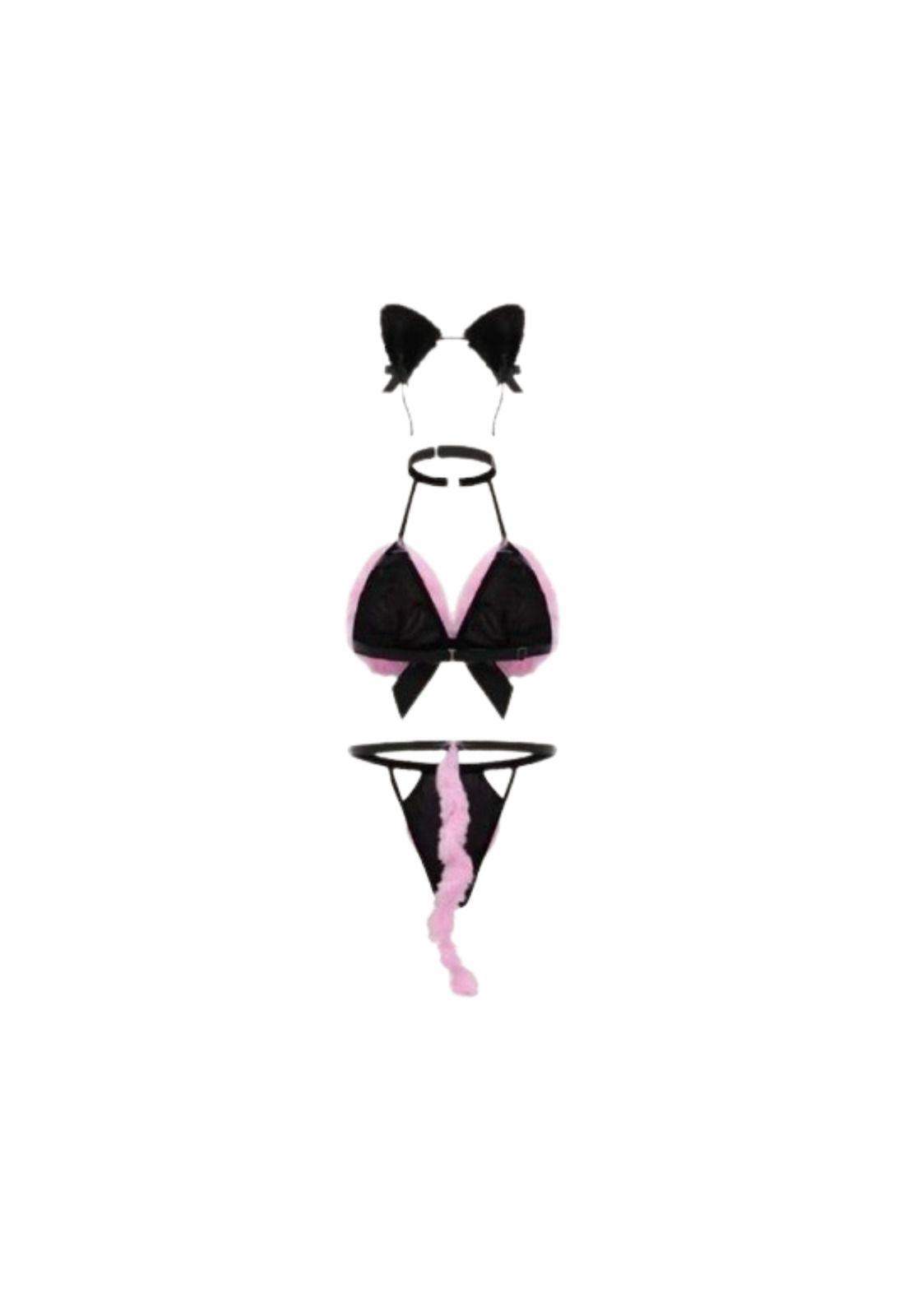 Lenceria Sexy Gatica Rosada Con Peluzas, Orejitas Y Collar-1
