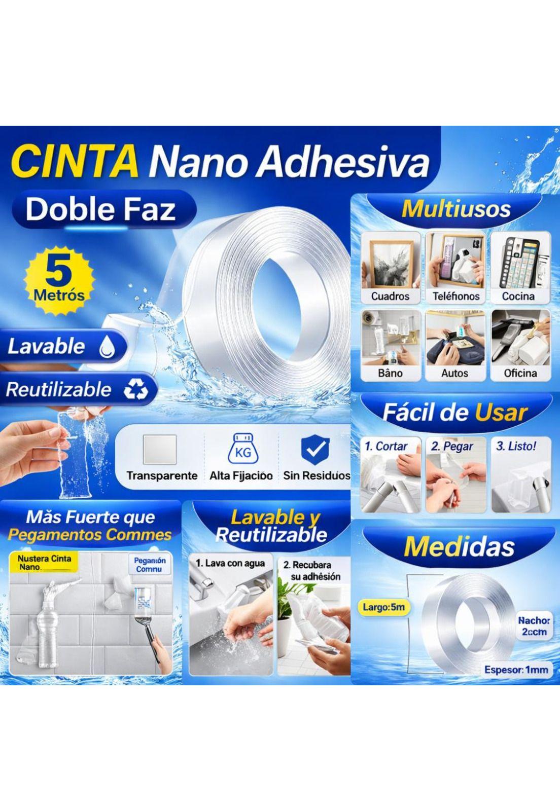 Cinta Nano Adhesiva Doble Cara Lavable Reutilizable 5m-6