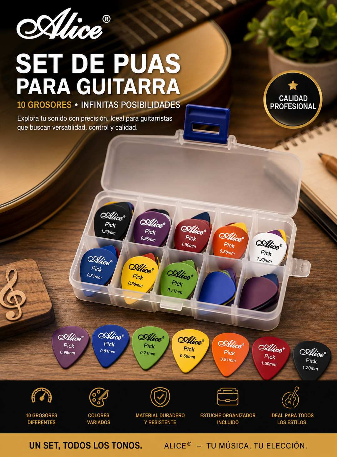 Set 50 Uñetas Guitarra  Multicolor con Organizador  Plástico-8