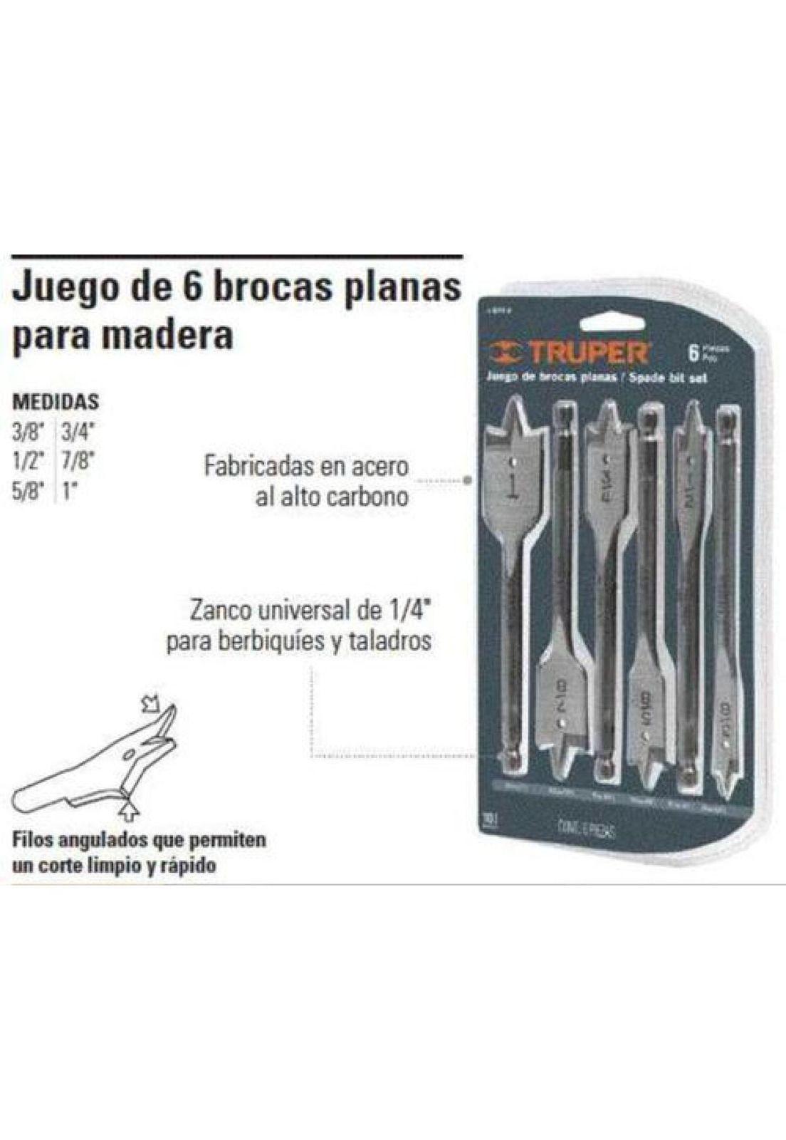 Juego De Brocas Planas Para Madera, 6 Piezas, Truper J-bpt-6-3
