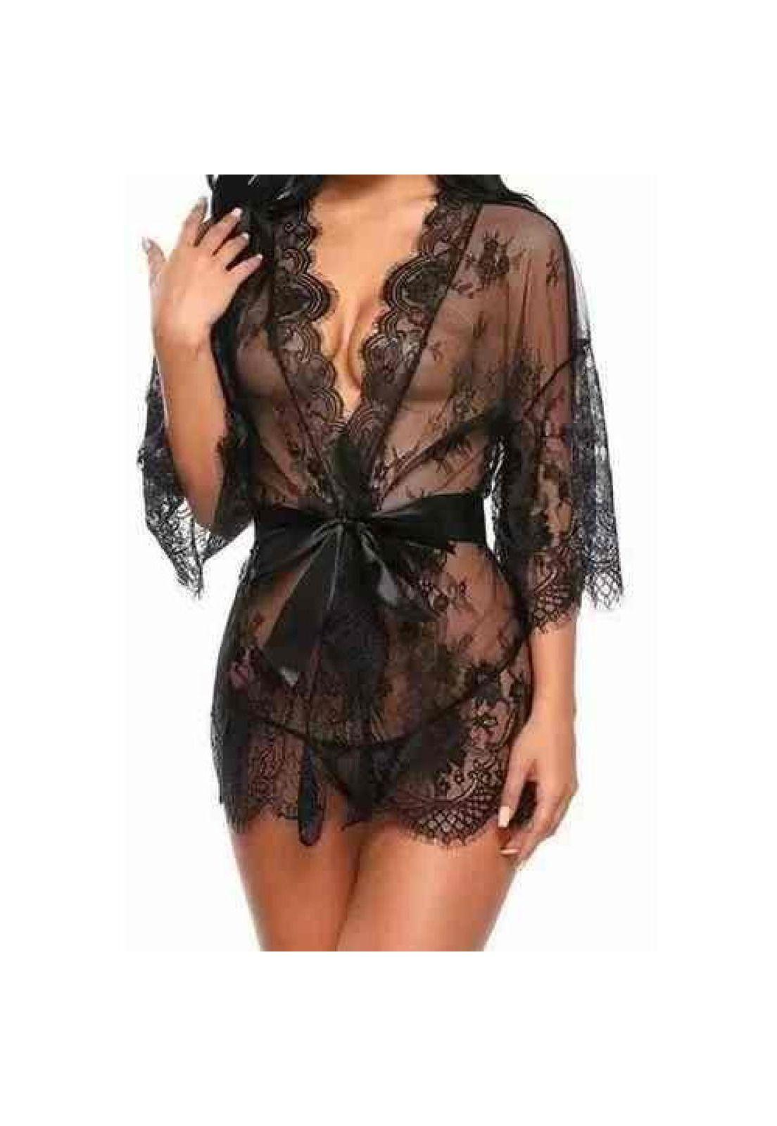 Babydoll Encaje Lencería Bata Sexy Mesh Conjunto Con Tanga-2