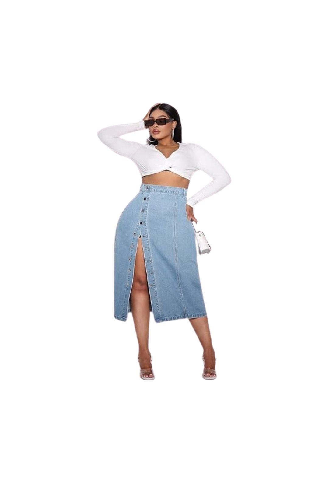 Falda Larga Jeans Mezclilla Botones Delantero Tiro Alto-2
