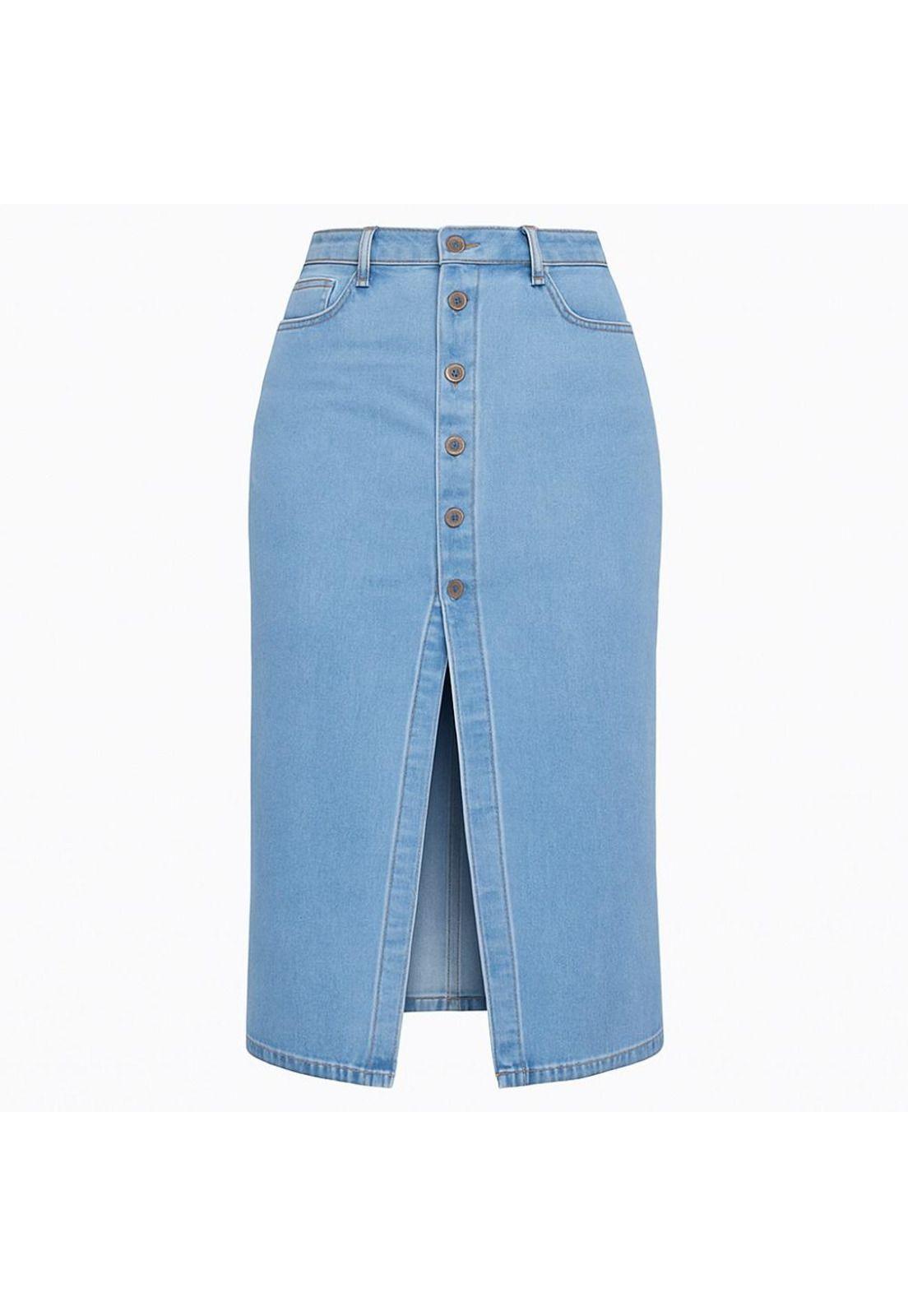 Falda Larga Jeans Mezclilla Botones Delantero Tiro Alto-3
