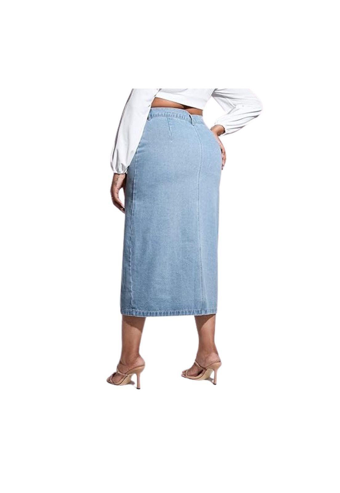 Falda Larga Jeans Mezclilla Botones Delantero Tiro Alto-4