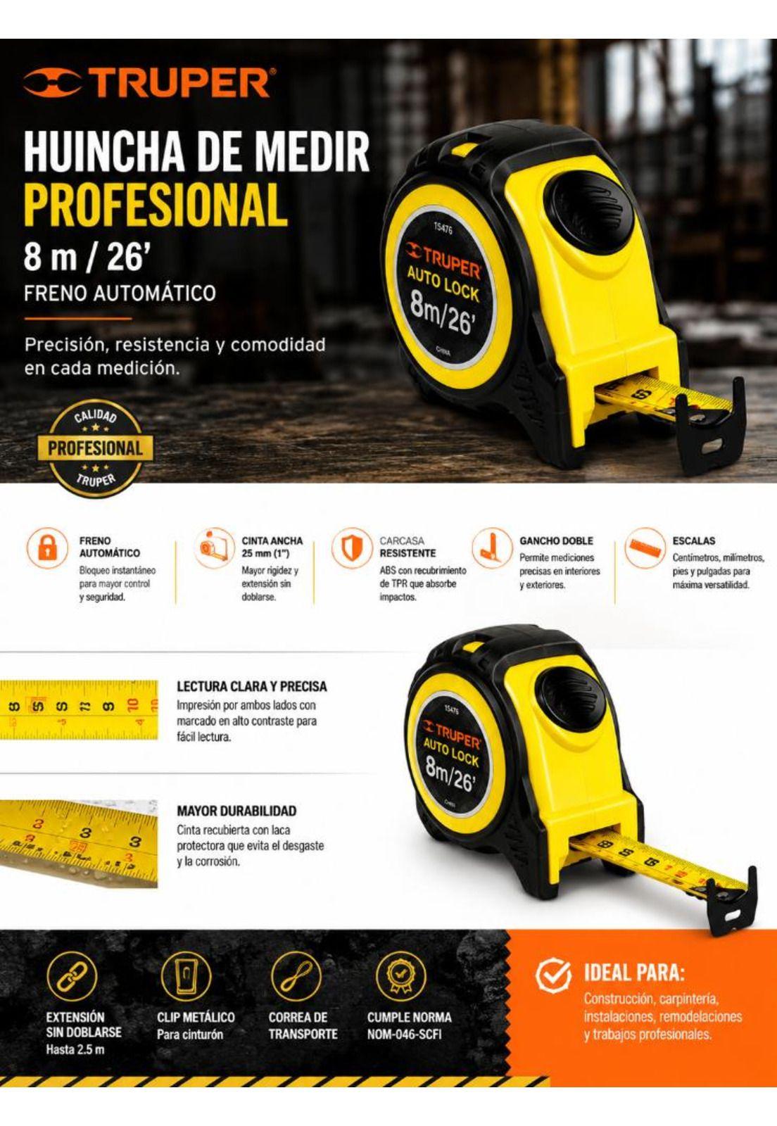 Huincha Cinta De Medir Profesional Truper 8m Freno Automatic-3