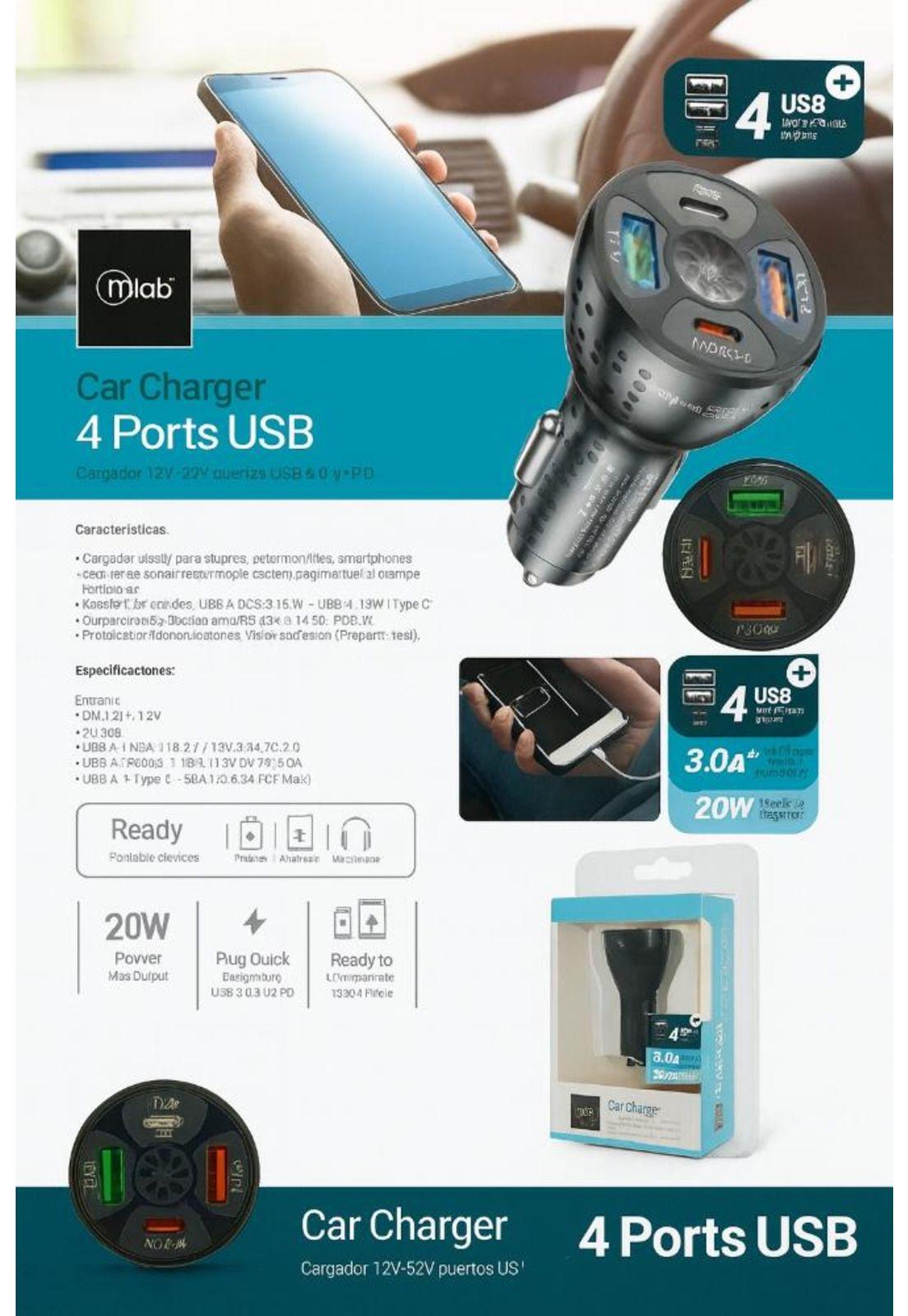 Cargador Auto Mlab 4 Puertos USB QC3.0 + PD 20W-4