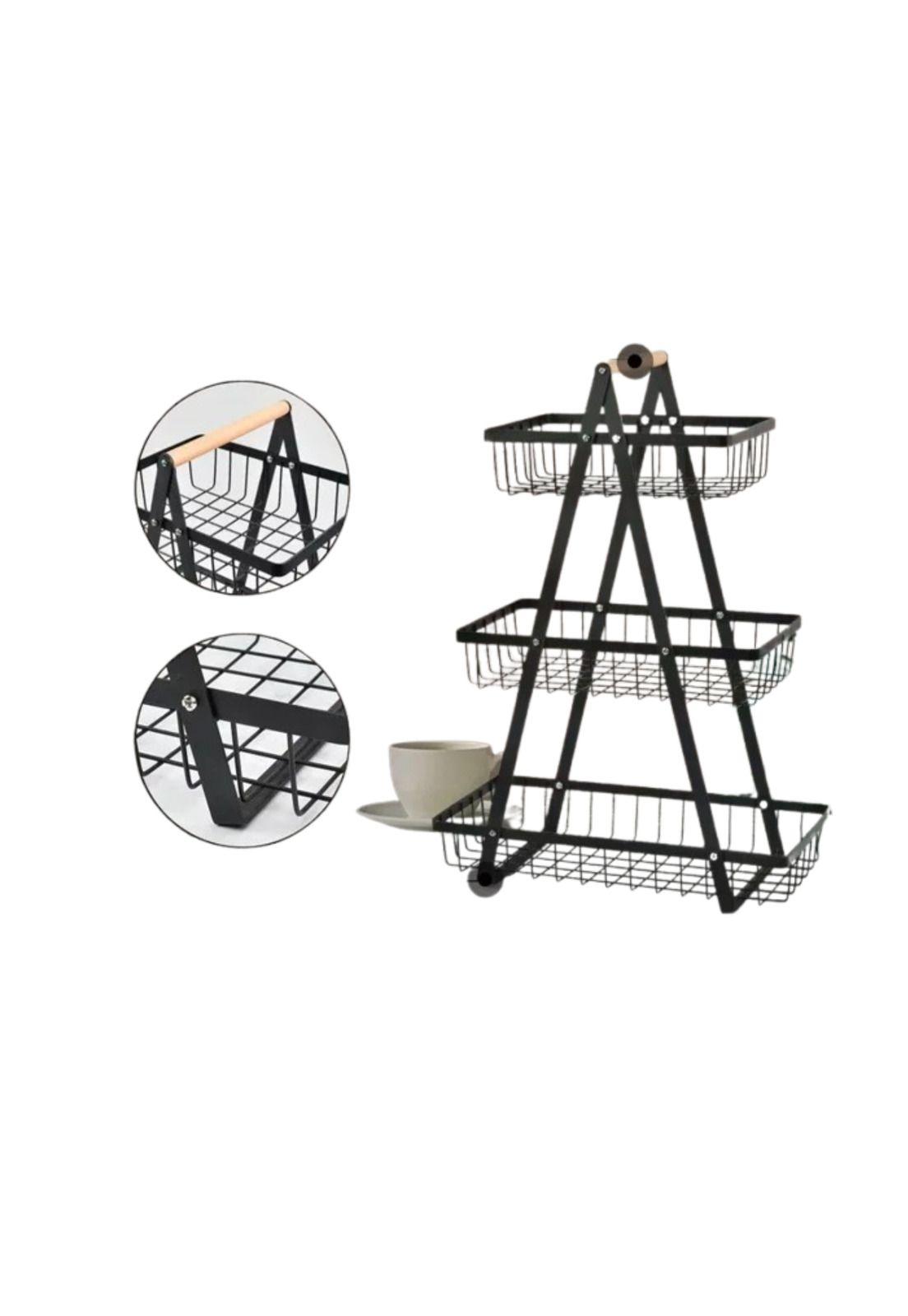 Cesta Para Frutas Vegetales Organizador de Acero/Madera Rectangular Multiusos 3 Niveles-2