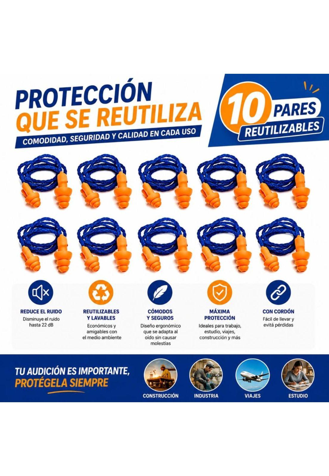 Tapon Auditivo Daumer Reutilizable (10 Pares) Con Cordon-1