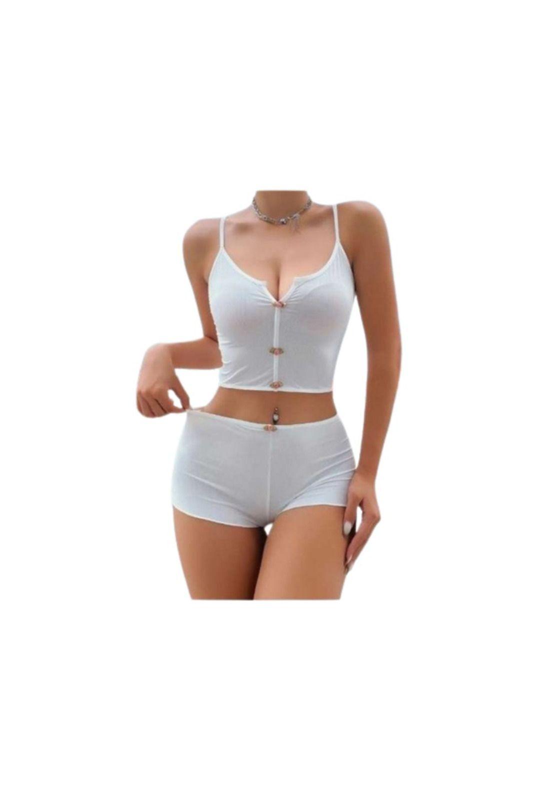 Lenceria Pijama Tela Seda Con Detalle Rosa Cuello Notch Sexy-0