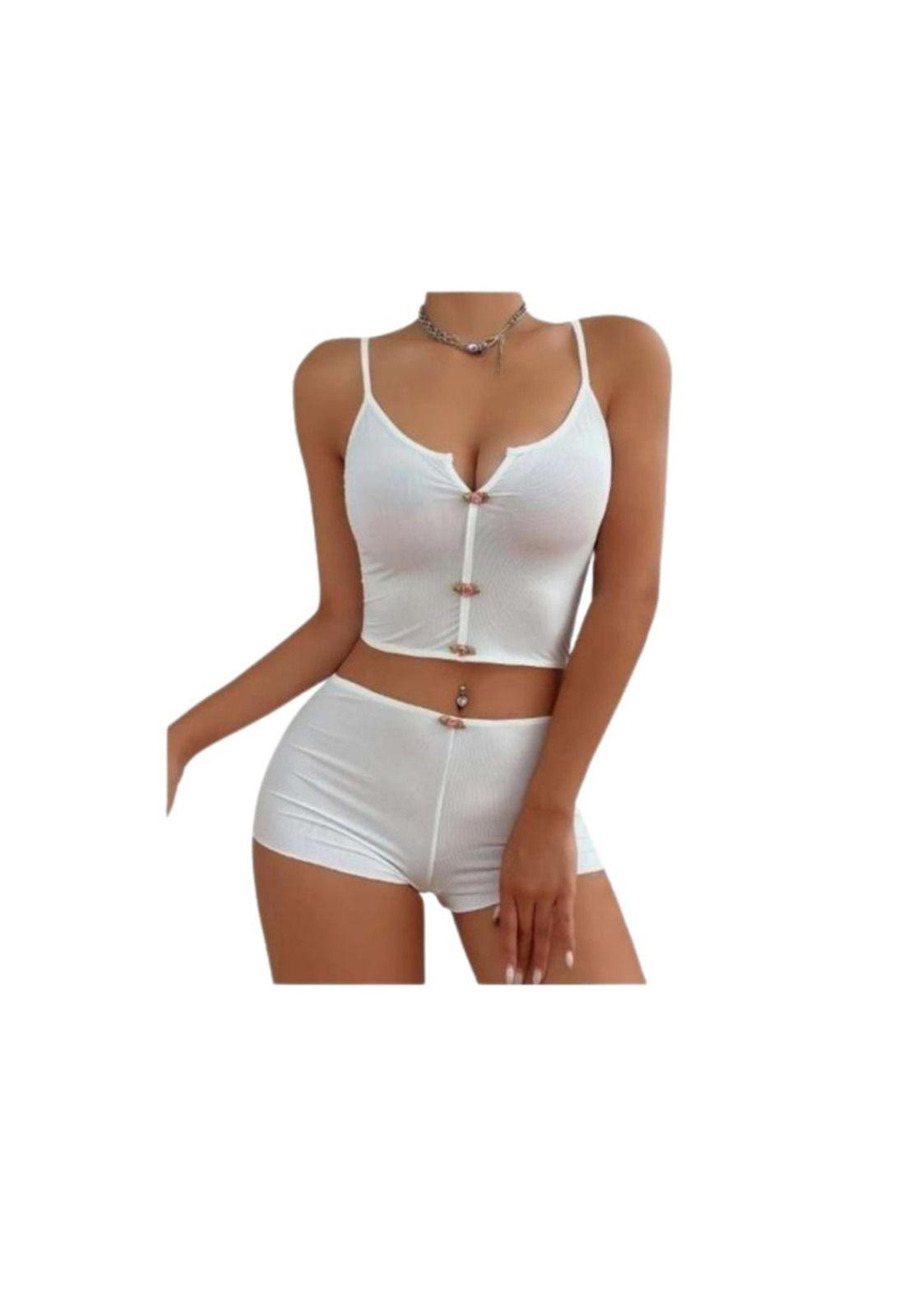 Lenceria Pijama Tela Seda Con Detalle Rosa Cuello Notch Sexy-1
