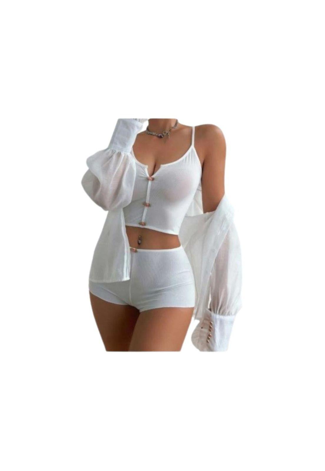 Lenceria Pijama Tela Seda Con Detalle Rosa Cuello Notch Sexy-3