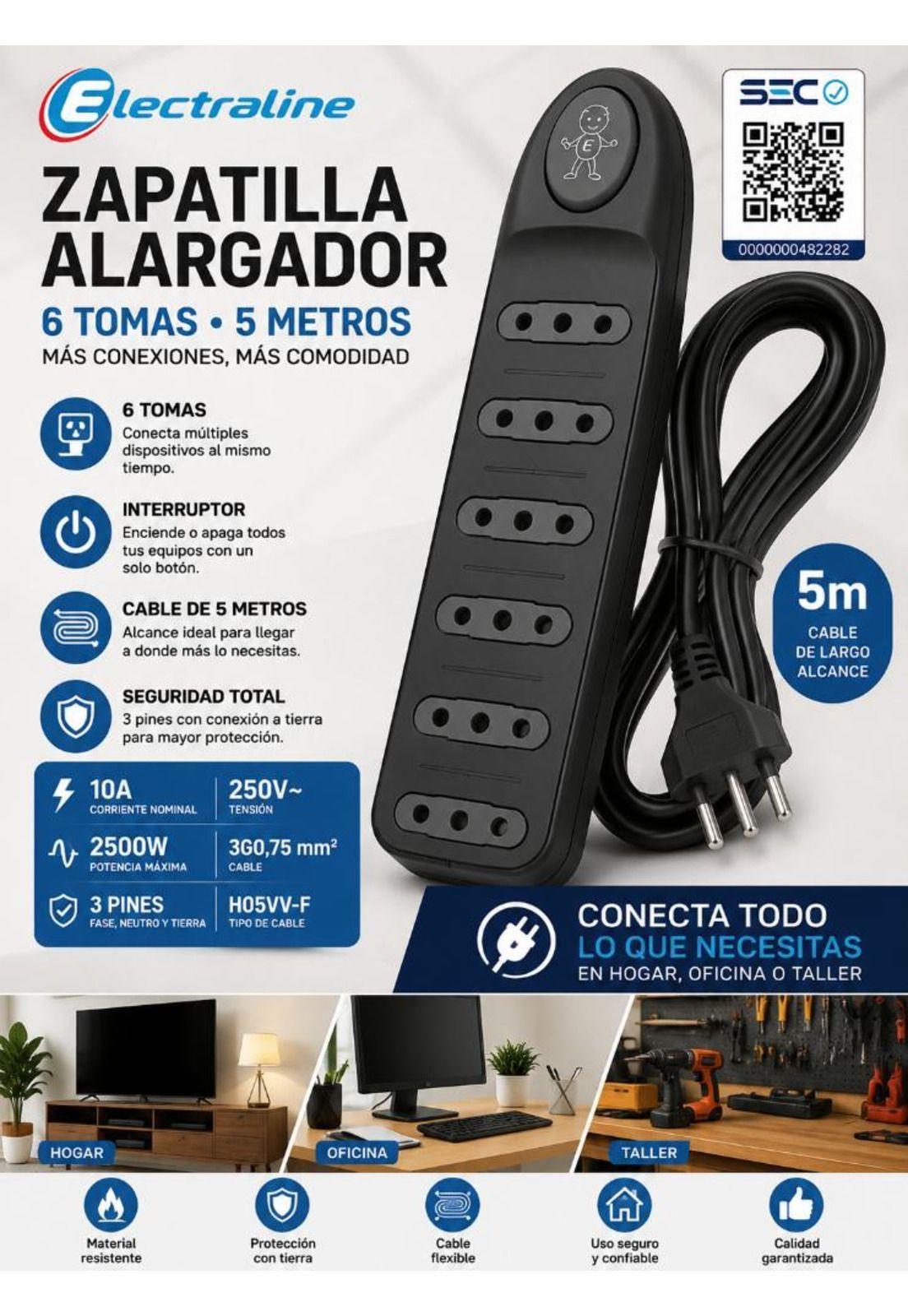 Zapatilla Alargador Electraline 6 Tomas Switch 5 Metros-7