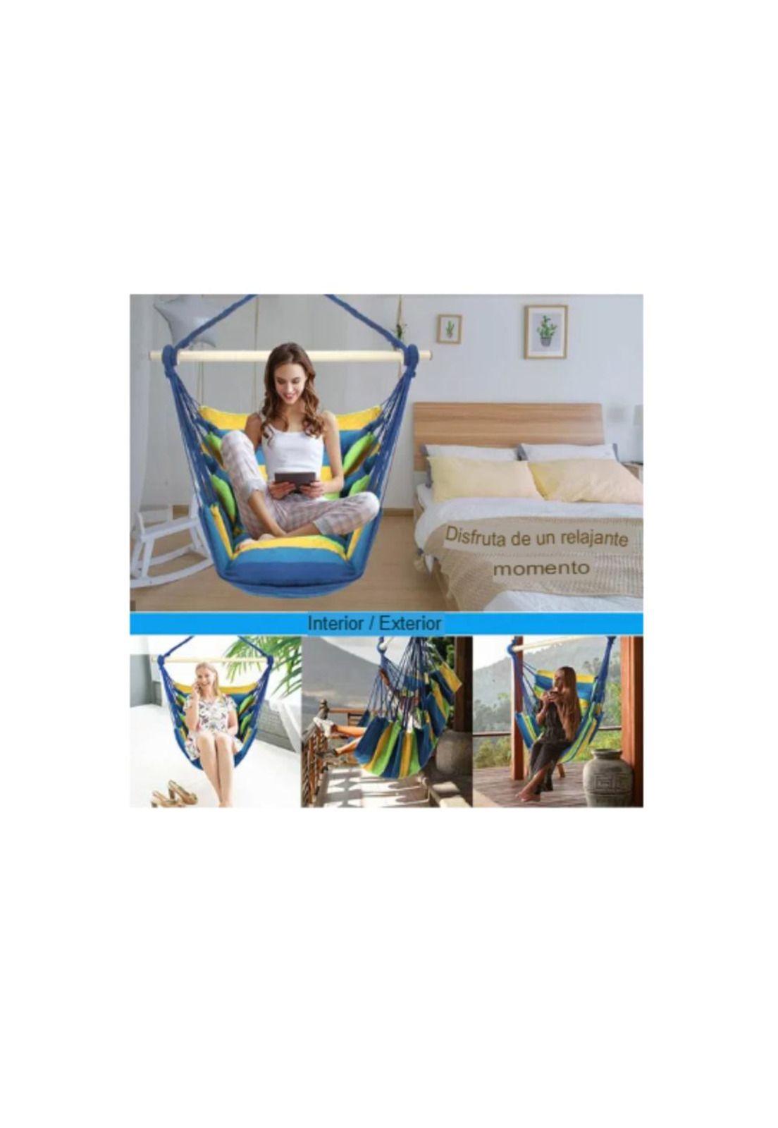 Silla hamaca colgante con cuerda + 2 cojines Columpio Jardín-7